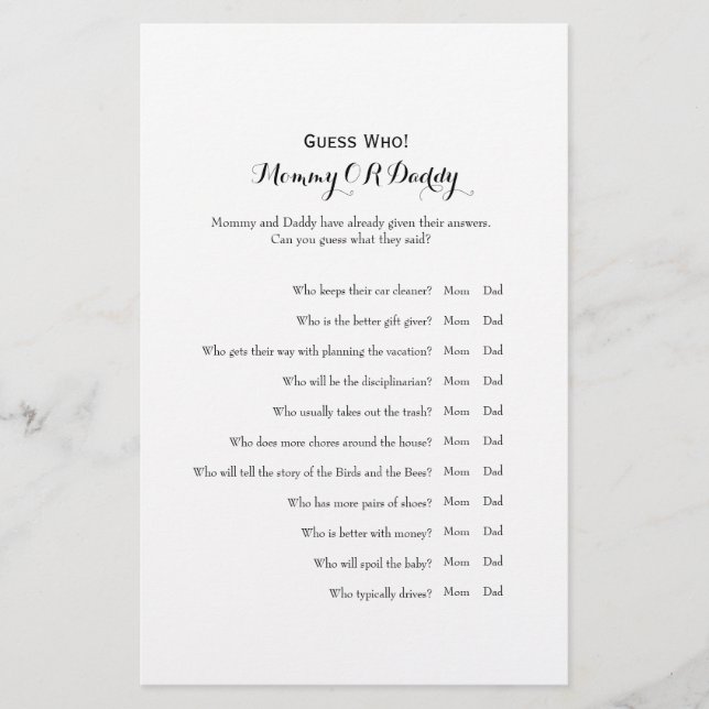 Raten Sie mal, wer Mama oder Papa Baby Shower Game Flyer (Vorne)