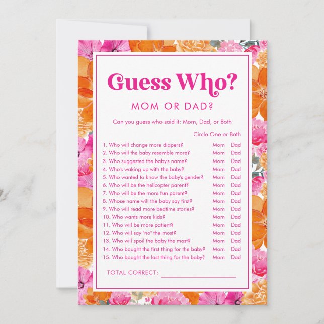 Raten Sie mal, wer Pink & Floral Baby Duschgame sp Einladung (Vorderseite)