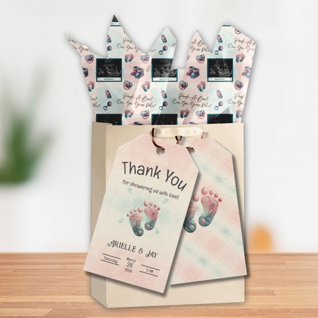 "Raten Sie wem" Geschlecht offenbart Ultraschalldu Geschenkanhänger (Thank You Gift Tags for Gender Reveal "Guess Who" Baby Shower Footprints Gifts)