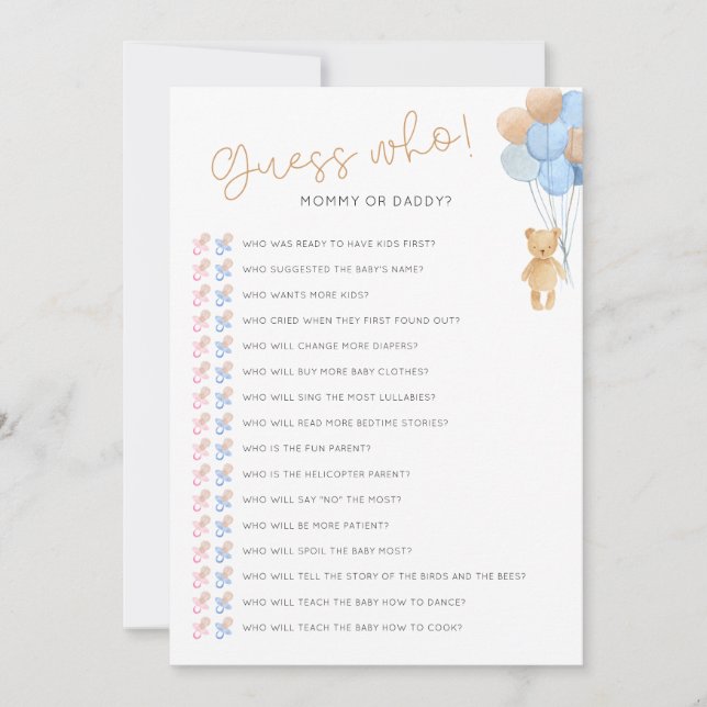 Raten Sie, wer die Baby Shower Game Card herunterl Einladung (Vorderseite)