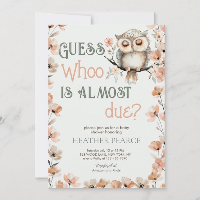 Raten Sie Whoo Woodland Owl Baby Dusche Einladung (Vorderseite)