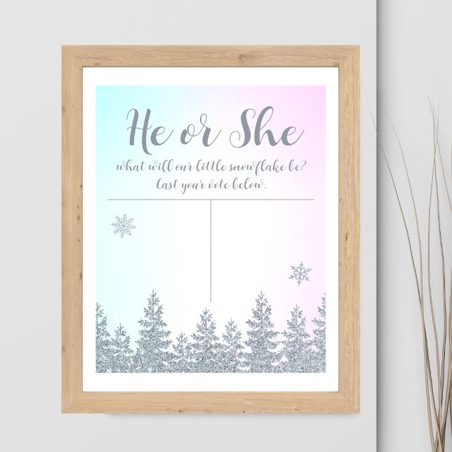 Ratet das Geschlecht, ob er oder sie Winterschneef Poster (guess gender vote he or she boy or girl guessing game poster baby shower)