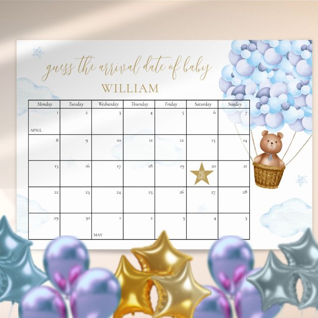 Ratet mal, wann die Teddy Bear Blue Baby Dusche ko Poster (Guess The Due Date Teddy Bear Blue Baby Shower Poster)