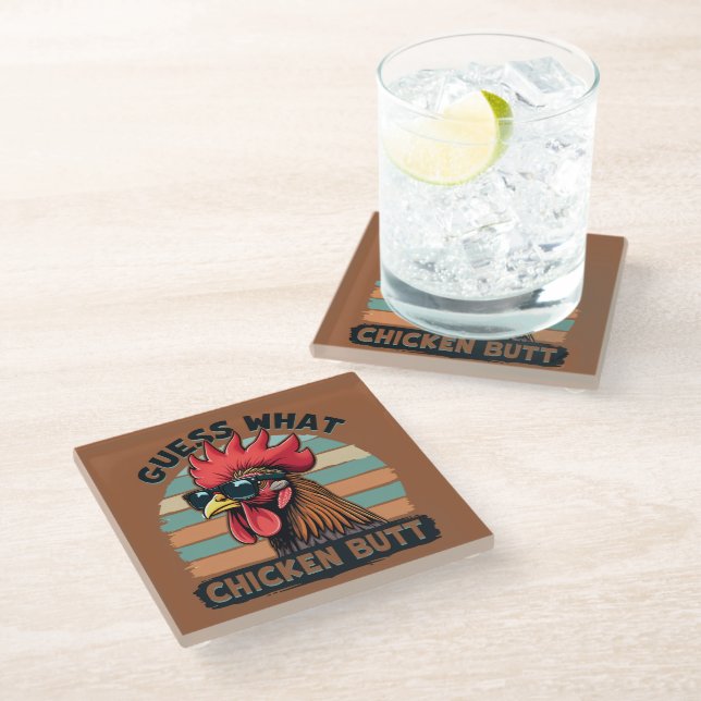 Ratet mal, was Hühnchen Hintern Funny Retro Rooste Glasuntersetzer (Schrägansicht)