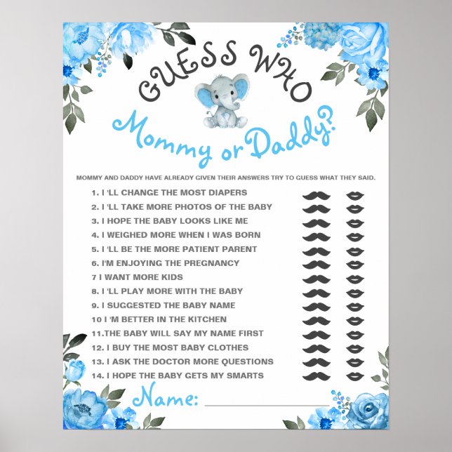 Ratet mal, wer Mama oder Papa Boy Elephant Shower  Poster (Vorne)