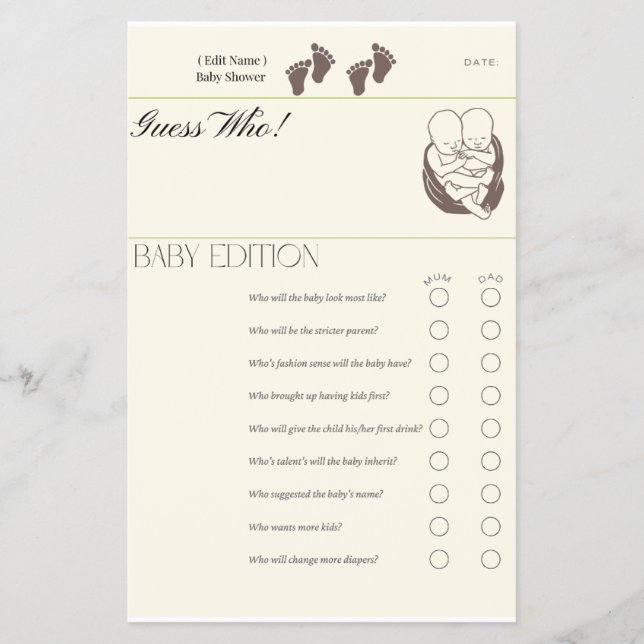Ratet Wer - Baby Edition Game Card | Twin Baby Sho Flyer (Vorne)