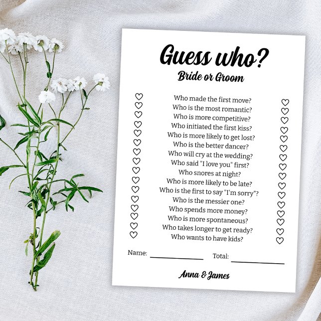 Ratet, wer Braut oder Groom Hochzeitsspiel ist Karte (Guess Who Bride Or Groom Wedding Game Card)