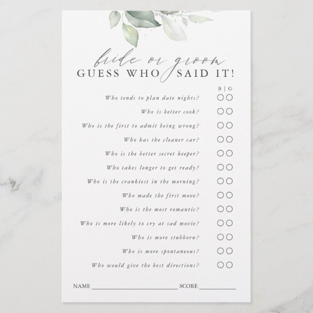 Ratet, wer Bridge oder Groom - Green Game Card (Vorderseite)