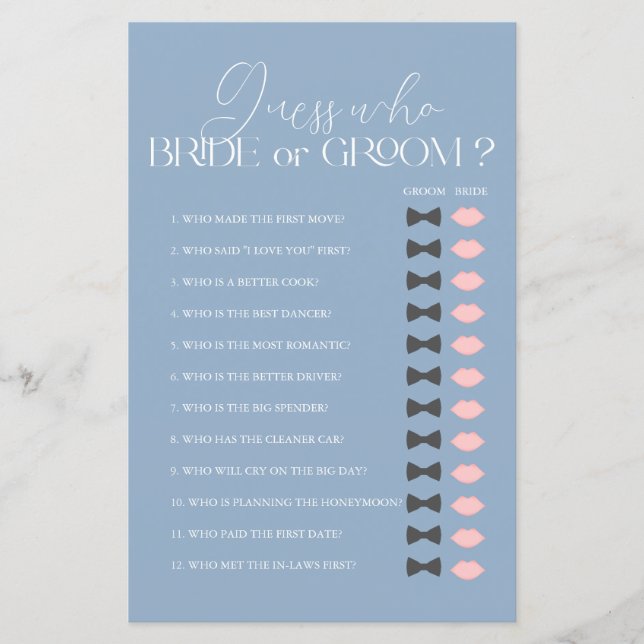 Ratet, wer das Brautparty "Groom Blue" bzw. "Bridg (Vorderseite)