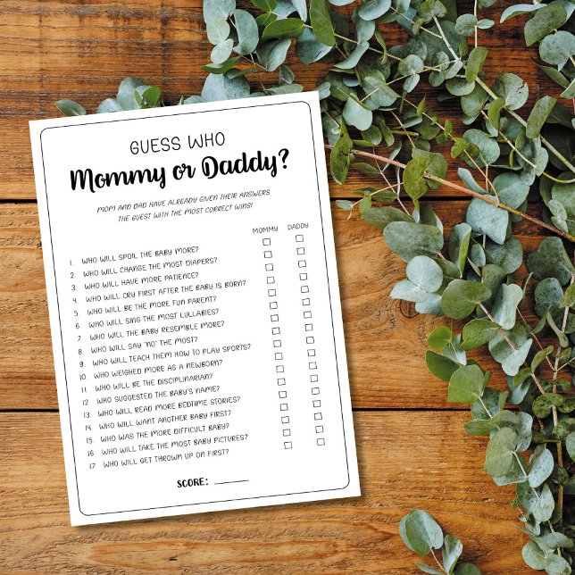 Ratet, wer Mama oder Daddy Game Baby Shower Game Hinweiskarte (Von Creator hochgeladen)