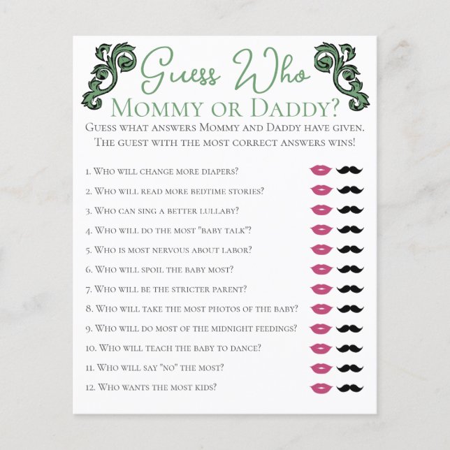 Ratet, wer Mommy oder Daddy Irish Baby Shower Game (Vorderseite)
