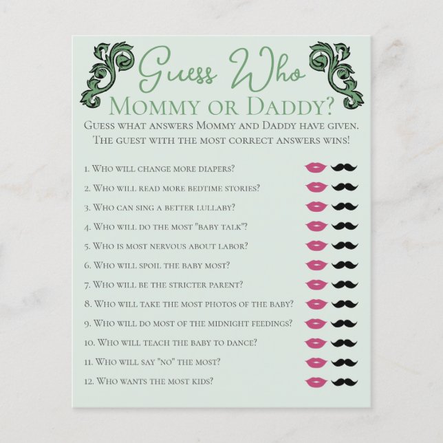 Ratet, wer Mommy oder Daddy Irish Baby Shower Game (Vorderseite)