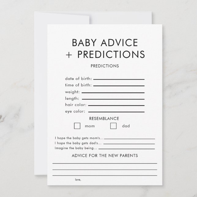 Ratschläge und Vorhersagen für Babyduschenspiele Einladung (Vorderseite)