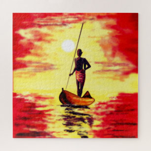 Rätsel mit Fischern auf dem Boot bei Sonnenunterga