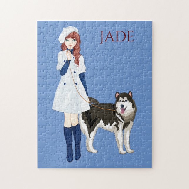 Rätsel mit Mädchen, die Huskehunde laufen. Individ (Vertikal)