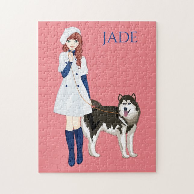 Rätsel mit Mädchen, die Huskehunde laufen. Individ (Vertikal)