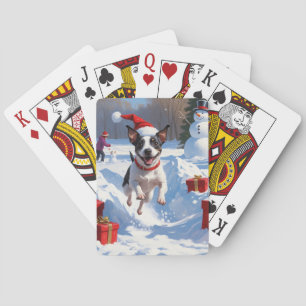 Ratt Terrier läuft im Schnee mit Weihnachtsmütze Spielkarten