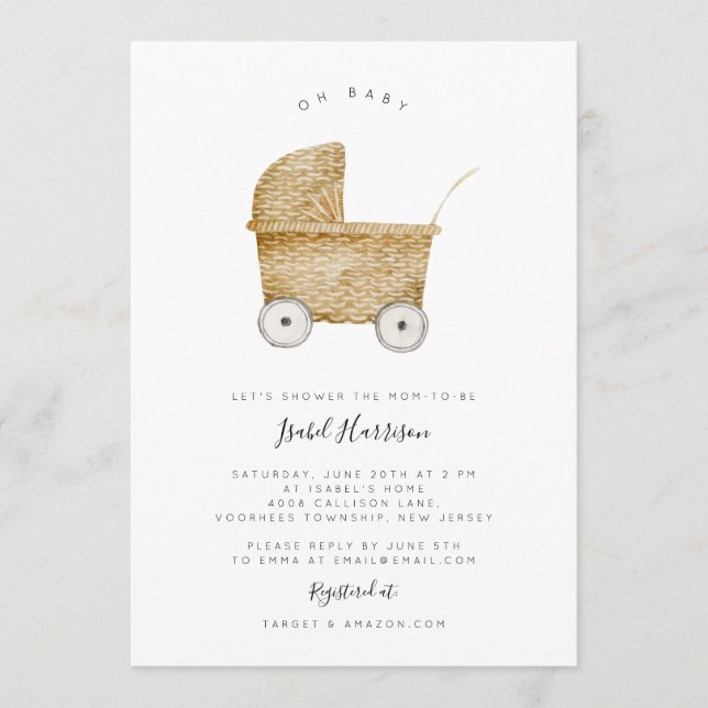 Rattan Stroller Minimalistisch Baby Shower Einladu Einladung (Vorderseite)