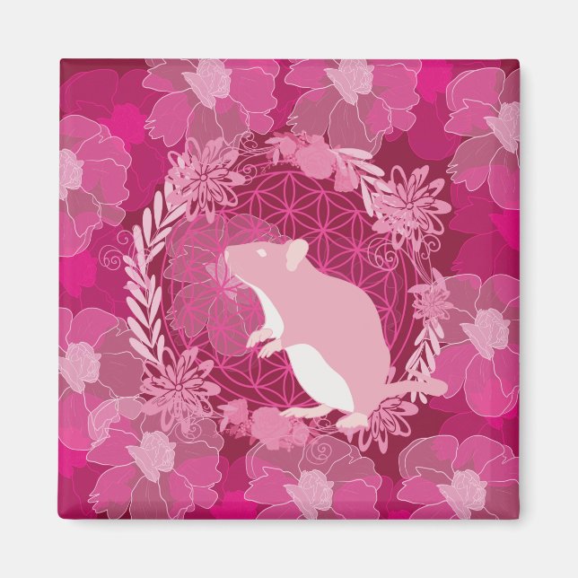 Ratte, Blume des Lebens, Rose, Mandala,Zen,Chakra, Magnet (Vorne)