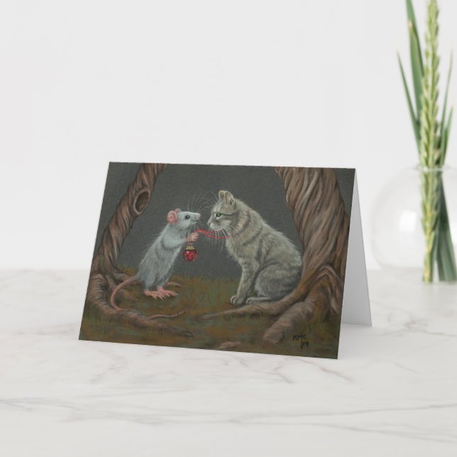 Ratte, die Glocke auf Katzengrußkarte setzt Karte (Vorderseite)