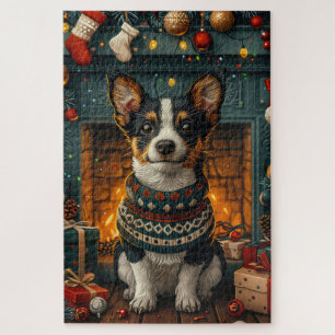 Ratten-Terrier-Hund mit Weihnachtsgeschenken Kamin