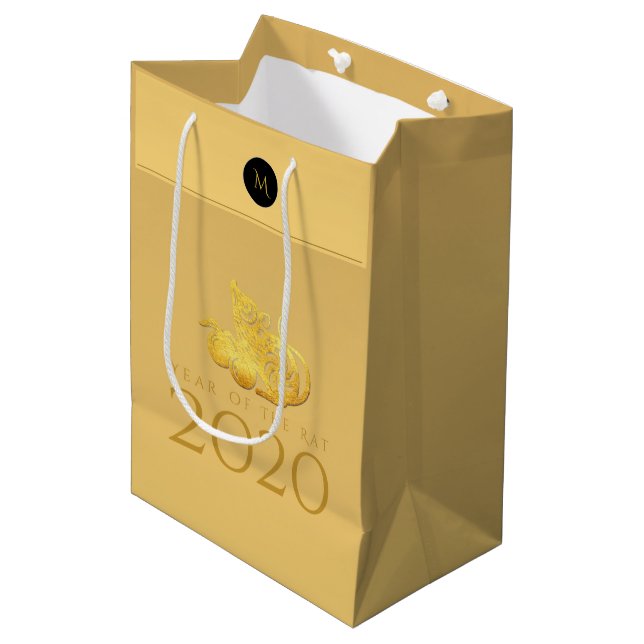 Rattenjahr 2020 Früchte Elegant Monogram M Geschen Mittlere Geschenktüte (Vorderseite Schrägansicht)