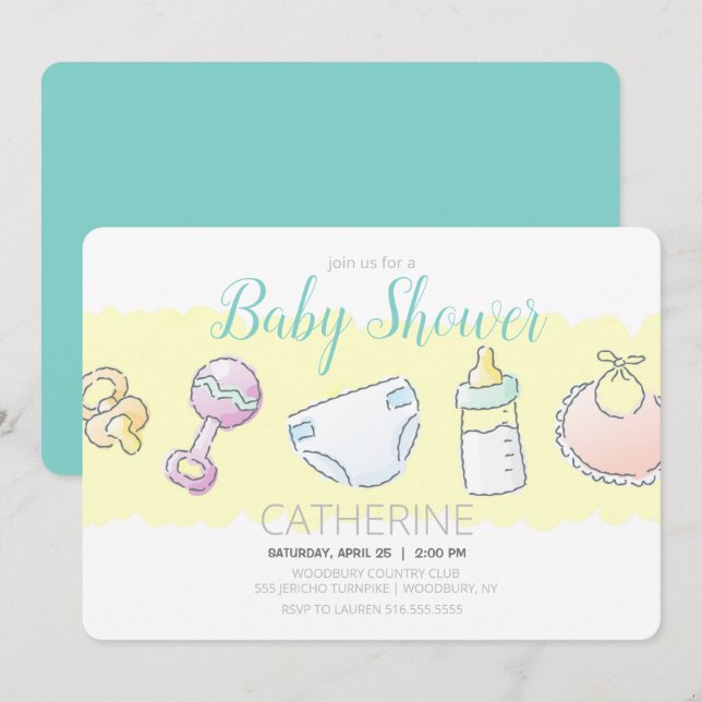 Rattle, Bottle, Diaper, Bib und Schnuller Dusche Einladung (Vorne/Hinten)