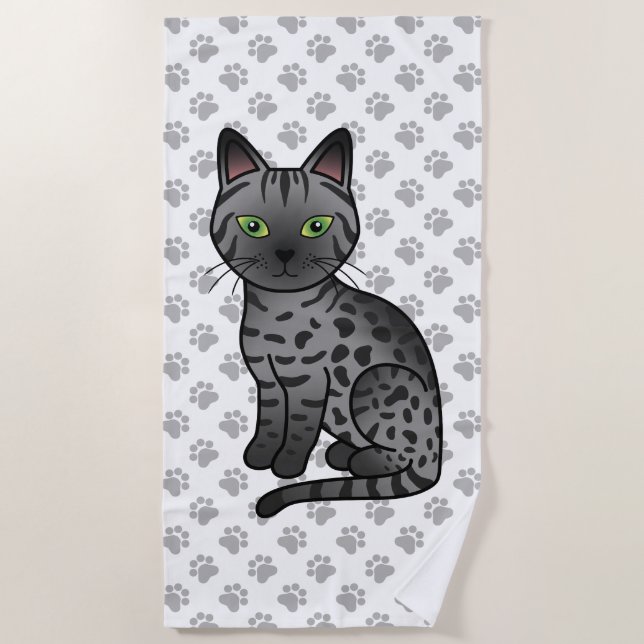 Rauch Ägyptisch Mau Niedlicher Cartoon Cat & Paws Strandtuch (Vorderseite)