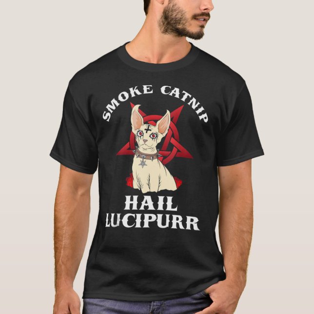 Rauch Catnip Hail Lucipurr Black Metal Sphynx Cat T-Shirt (Vorderseite)
