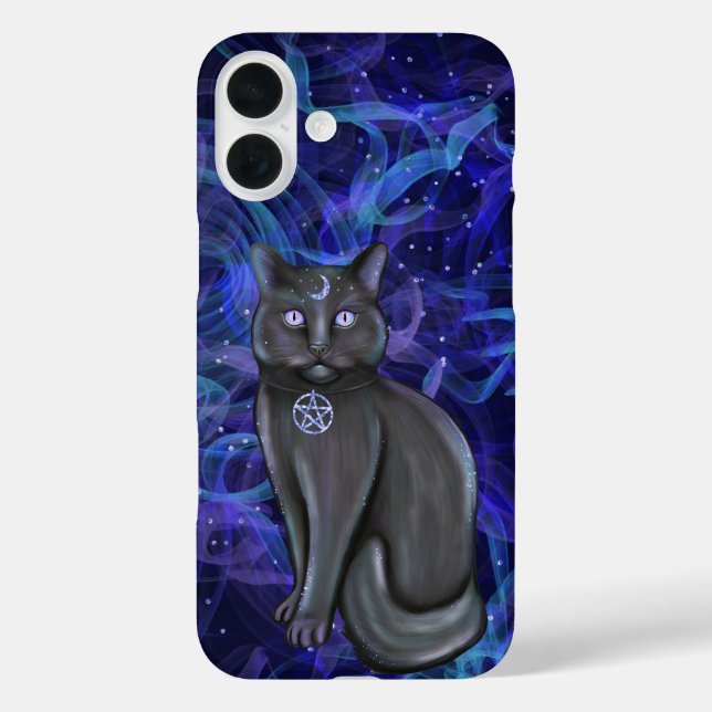 RAUCHBLAU UND LILA MIT HALLOWEER SCHWARZKATZE iPhone 16 PLUS HÜLLE (Rückseite)