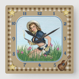 Rauchen Pistole Button Up Cowgirl Clock Quadratische Wanduhr