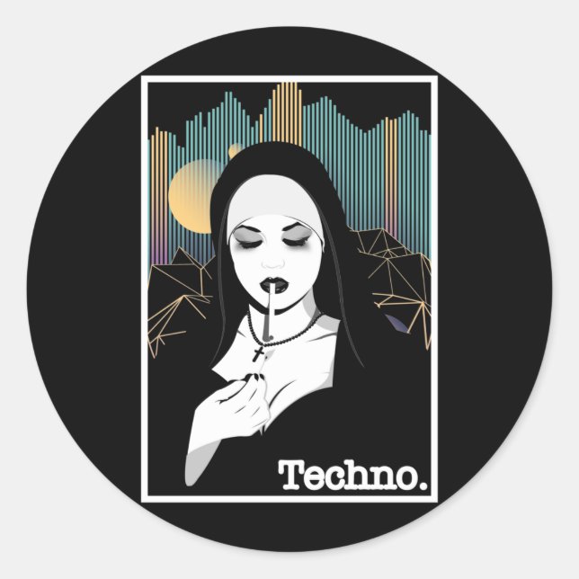 Rauchen Techno Nun Religion Retro Bass Music Runder Aufkleber (Vorderseite)