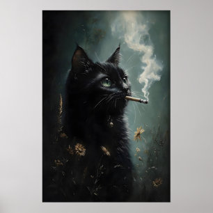 Rauchende Schwarze Katze Blumenposter, Dark Academ Poster