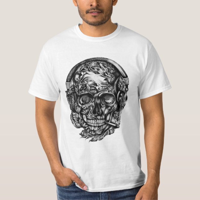 Rauchender Schädel mit Kopfhörert-shirt. T-Shirt (Vorderseite)