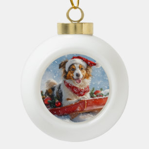 Raucher Collie Hund im Schlitten Lass es schneien  Keramik Kugel-Ornament