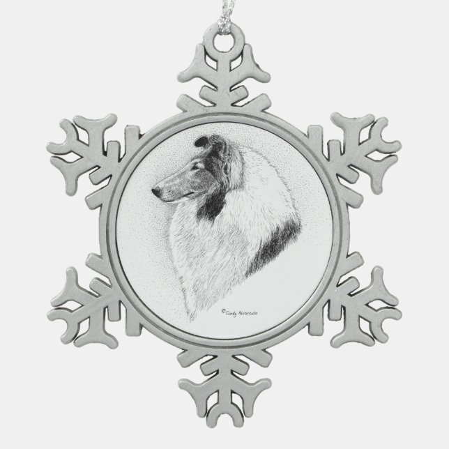 Rauer Collie Feder - Juliet gegen Tal-Fieber Schneeflocken Zinn-Ornament (Vorderseite)