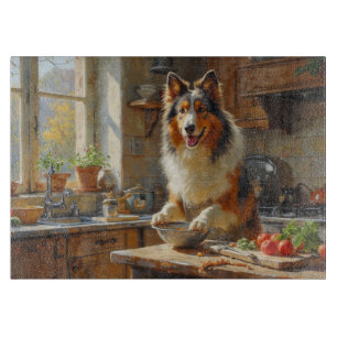 Rauhhaar Collie beim Kochen in der Küche Schneidebrett
