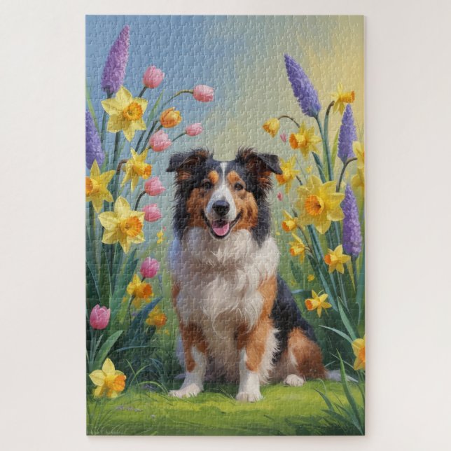 Rauhhaar Collie Hund Frühlingsblumen Malerei (Vertikal)