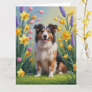 Rauhhaar Collie Hund Frühlingsblumen Malerei Karte