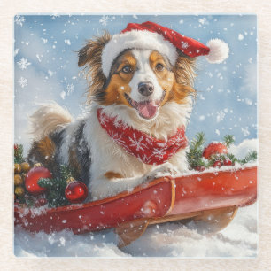 Rauhhaar Collie Hund im Schlitten Lass es schneien Glasuntersetzer