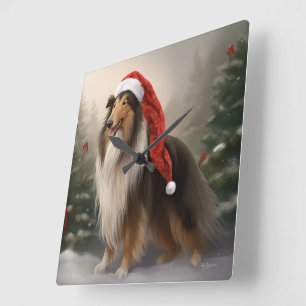Rauhhaar Collie Hund im Schnee Weihnachten Quadratische Wanduhr