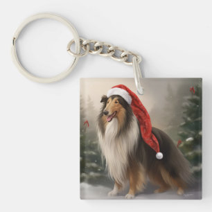 Rauhhaar Collie Hund im Schnee Weihnachten Schlüsselanhänger
