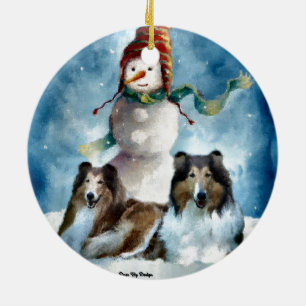 Rauhhaar Collie mit Schneemann Weihnachten Keramik Ornament