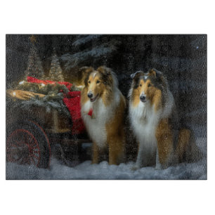 Rauhhaar Collie Schneebedeckter Schlitten Weihnach Schneidebrett