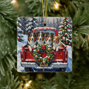 Rauhhaar Collie Weihnachten Roter LKW Urlaub Keramikornament