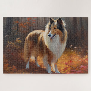 Rauhhaard Collie im Herbstlaubfall inspiriert