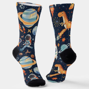 Raum und Dinosaurier zeichnen dunkelblau Socken