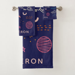 Raum und Planeten Doodle in Blue Personalisiert Badhandtuch Set