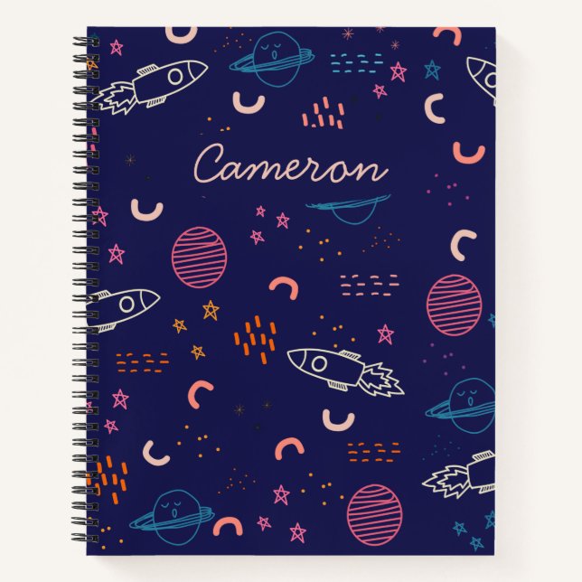 Raum und Planeten Doodle in Blue Personalisiert Notizbuch (Vorderseite)