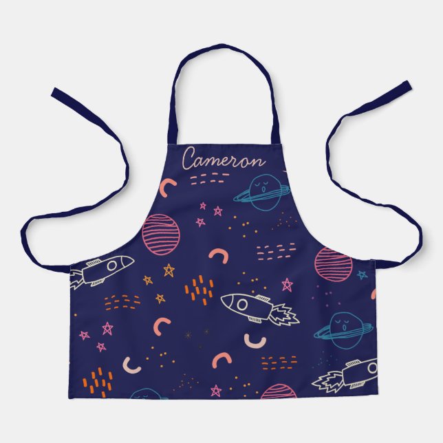 Raum und Planeten Doodle in Blue Personalisiert Schürze (Vorderseite)